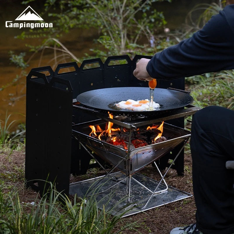 CAMPINGMOON YD-40 YD-50 Large Outdoor Windproof Fire Pit 8-Piece Iron Windbreak Screen Panels Camping Wood Stove Accessories