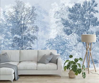 Customized Wallpaper Blue Forest Style Painting Living Room Background Wallpaper Home Decoration Forest Retro 3D Wallpaper