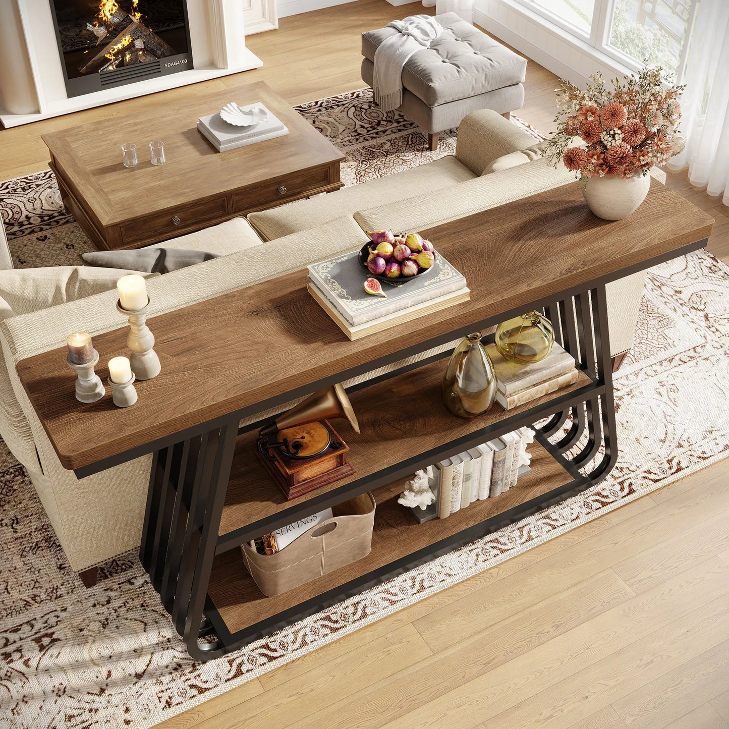 Tribesigns 55" Entryway Table with Shelves, 3-Tier Console Table Sofa Table with Iron Frame, Wooden Entry Table for Living Room, Foyer, Hallway, Industrial Style