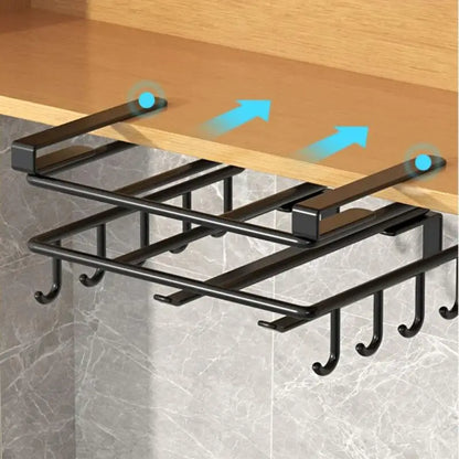 Kitchen Under Cabinet Hanging Organizer Rack with Hooks Multi Purpose Holder for Paper Towel Cutting Board Pot Lids
