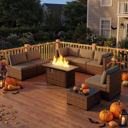 8 Piece Outdoor Patio Furniture Set with 44”Fire Pit Table, Outdoor Wicker Sectional Sofa Conversation Set with, Customized