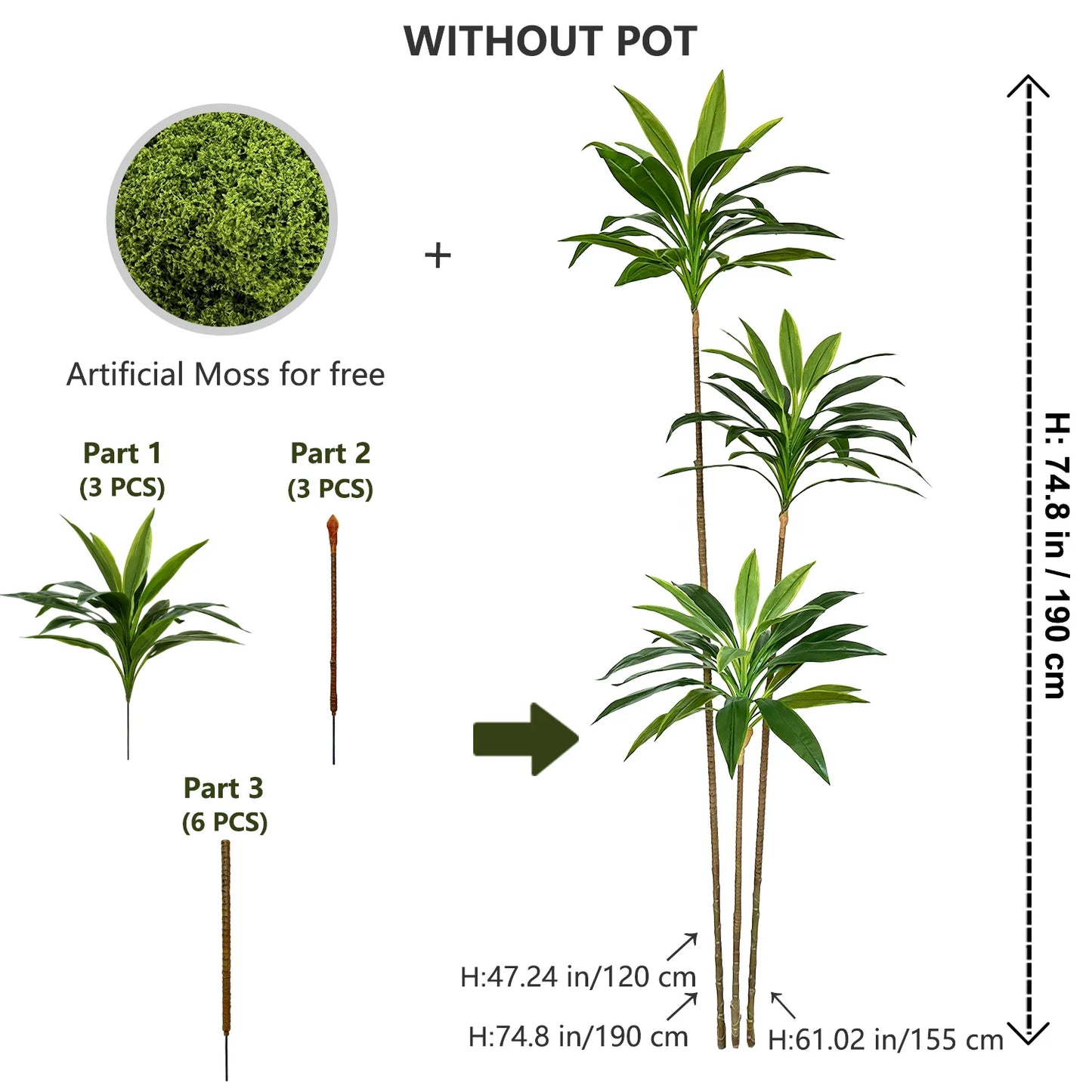 50-225CM Artificial Green Dracaena Plant Tree Indoor Outdoor Ornament Fake Plant for Home Garden Room Wedding Decor Halloween