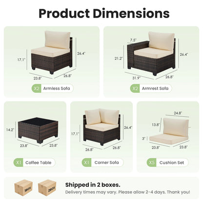 6 Pieces Patio Furniture Set with 44" Fire Pit Table, Outdoor Sectional Rattan Conversation Set for Garden, Porch, Backyard