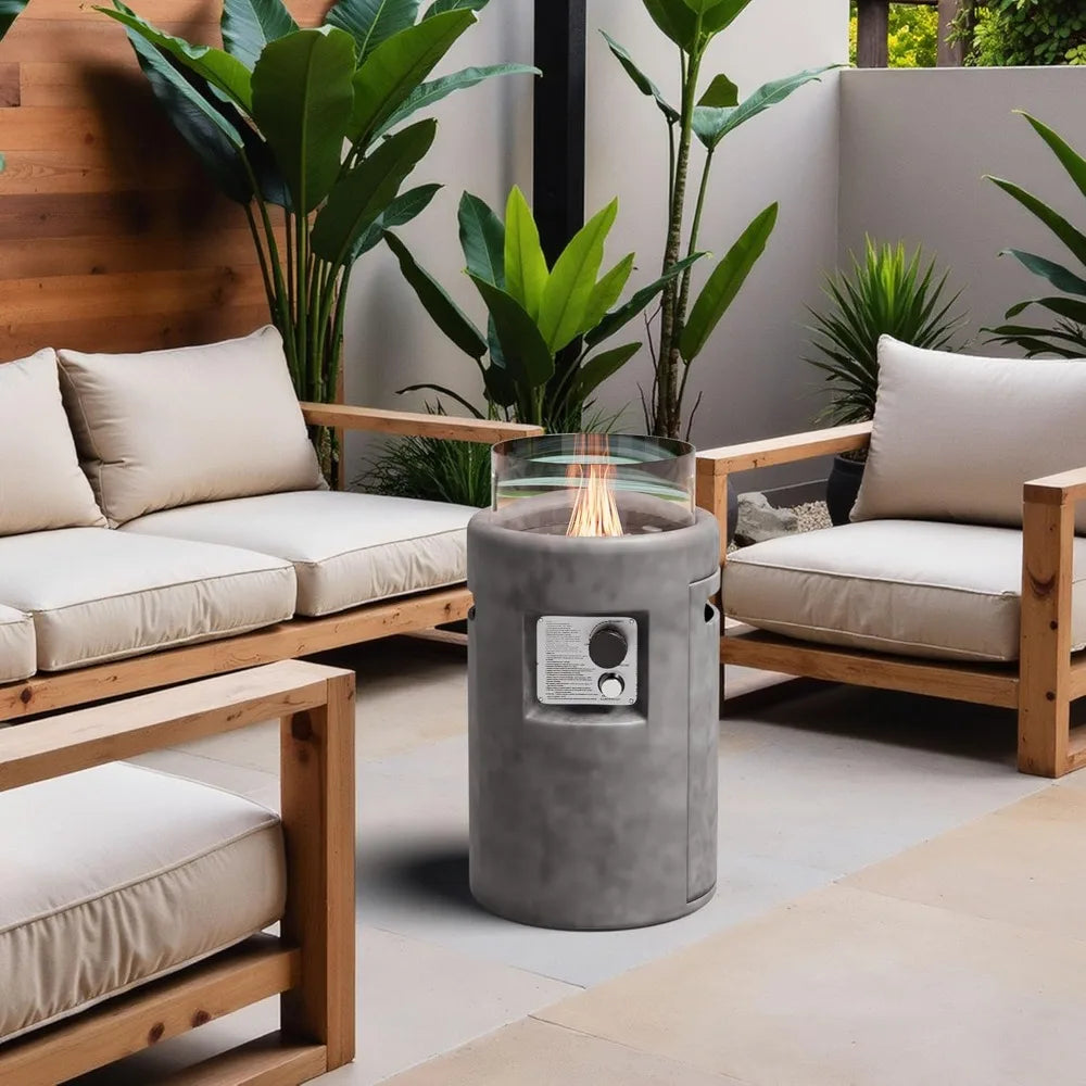 Outdoor Propane Fire Pit, Stone Like Fire Pit Table with Glass Wind Guard, Waterproof Cover, 40000BTUS Small Column Fire