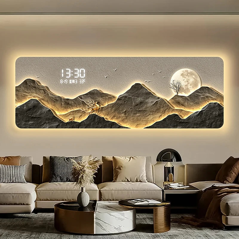 High end living room decoration painting, LED digital electronic clock, mountain back atmosphere light hanging painting