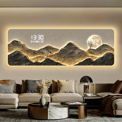 High end living room decoration painting, LED digital electronic clock, mountain back atmosphere light hanging painting