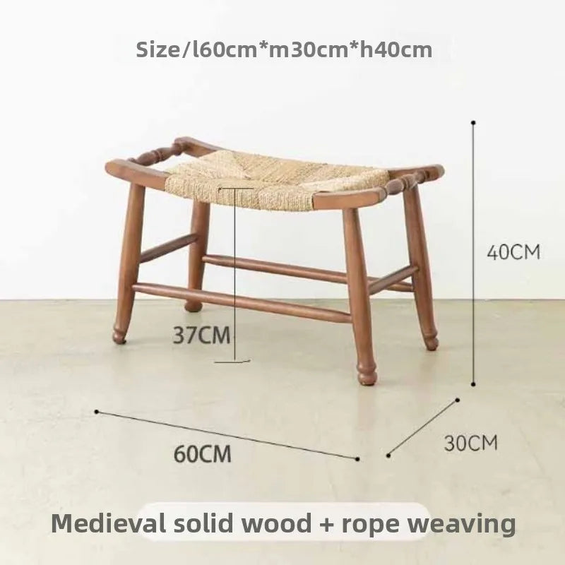 Vintage Woven Solid Wood Shoe Bench Multi-Purpose Storage Seat Rustic Woven Stool for Home Entryway Bedside Footrest