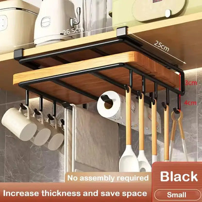 Kitchen Under Cabinet Hanging Organizer Rack with Hooks Multi Purpose Holder for Paper Towel Cutting Board Pot Lids