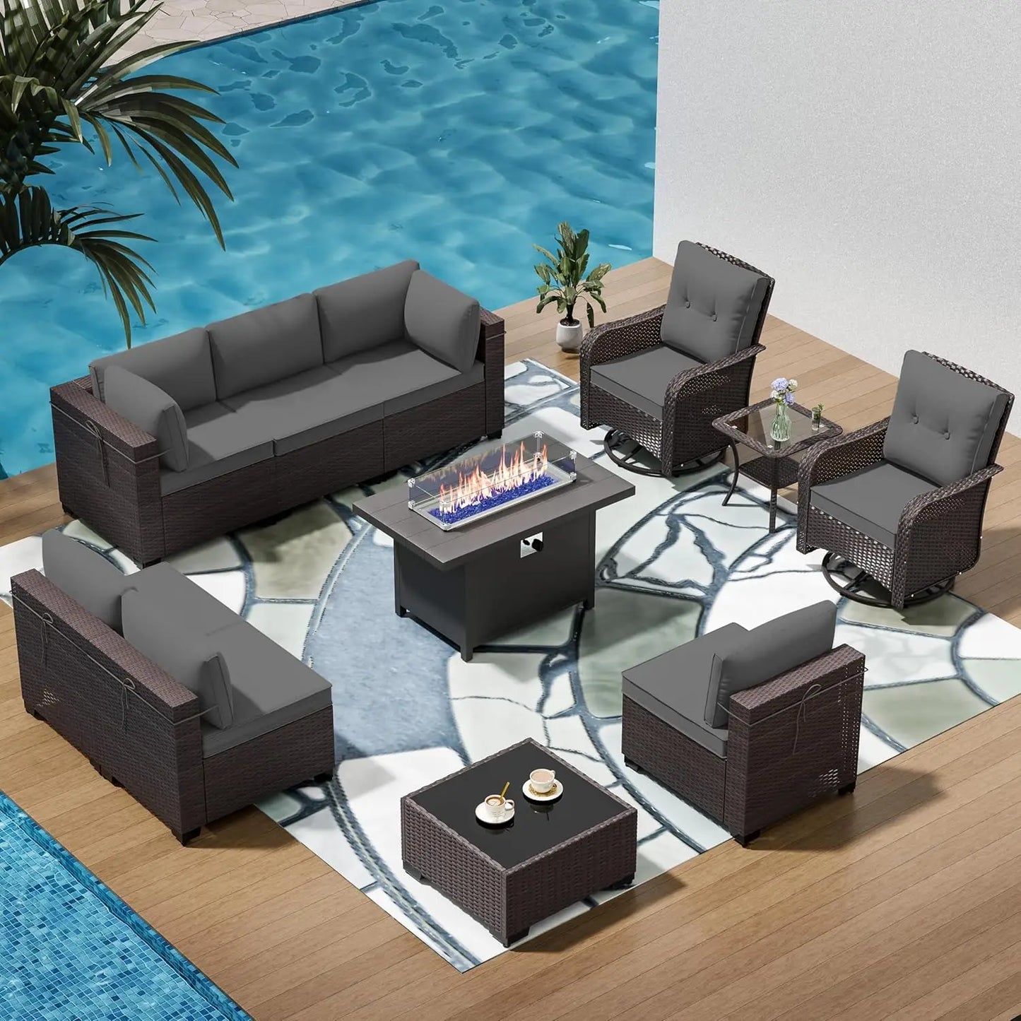 11 Pieces Outdoor Patio Furniture Set,Outdoor Sectional Furniture with 45" 55000 BTU Gas Propane Fire Pit Table,PE, Customized