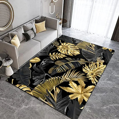 Living Room Black Gold Tropical Leaf Rug Home Non-slip  Kitchen Corridor Entrance Mat
