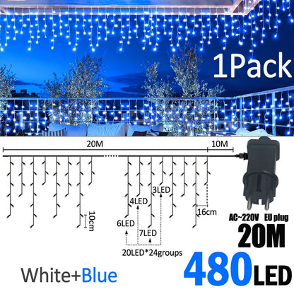 LED Christmas Icicle Curtain String Lights 20M+10M 480LED Extens 8Modes, Plug in Waterproof for Wedding Party Home Garden