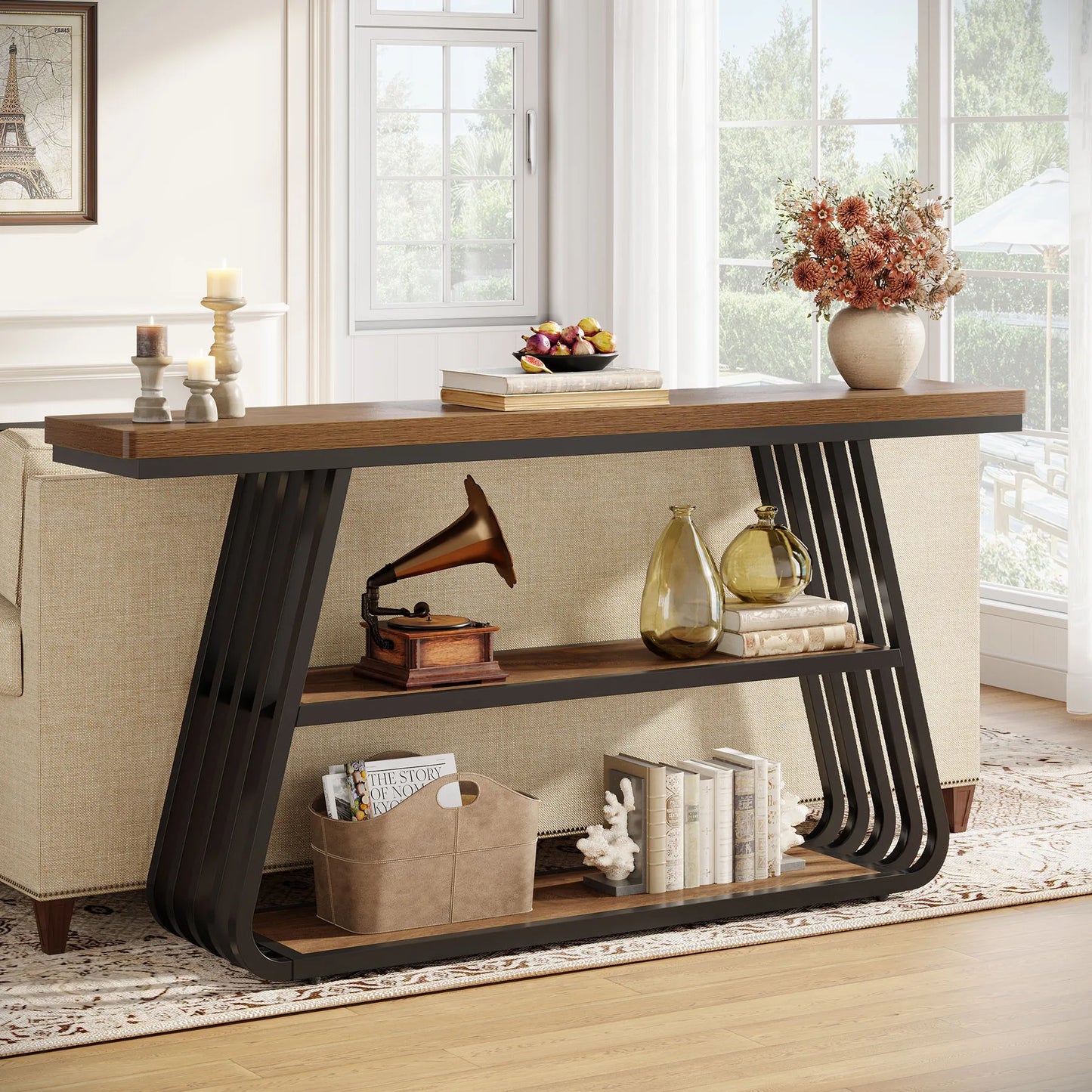 Tribesigns 55" Entryway Table with Shelves, 3-Tier Console Table Sofa Table with Iron Frame, Wooden Entry Table for Living Room, Foyer, Hallway, Industrial Style