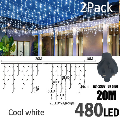 LED Christmas Icicle Curtain String Lights 20M+10M 480LED Extens 8Modes, Plug in Waterproof for Wedding Party Home Garden