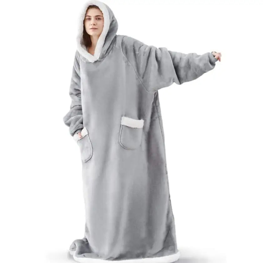 Extra Long Wearable Blankets Winter Flannel Hooded Blanket with Full Sleeves Men Women Cozy Soft Throw Adult TV Blanket