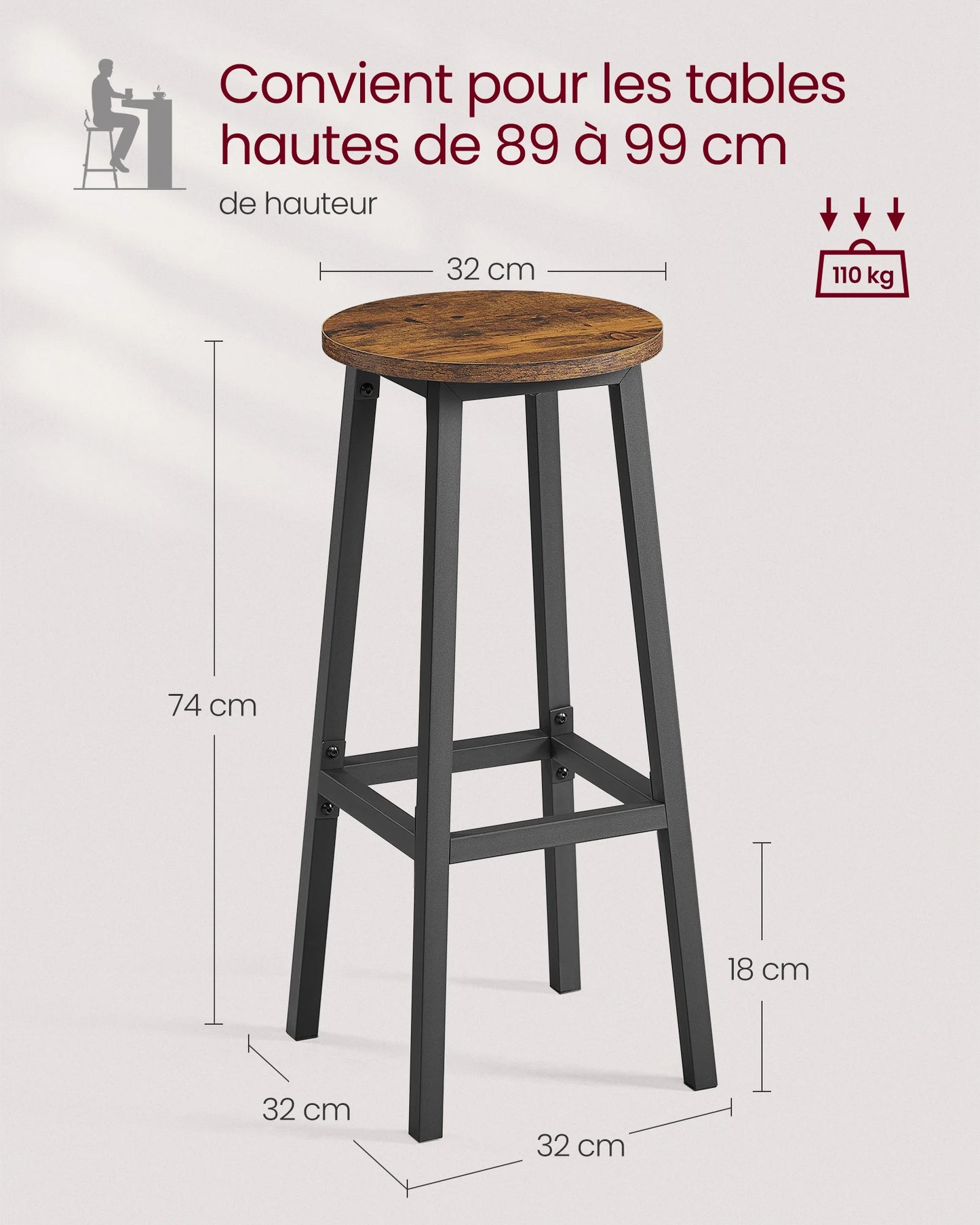 VASAGLE Bar Stools, Set of 2, Height 74 cm, Footrest, for Kitchen, Living Room, Dining Room