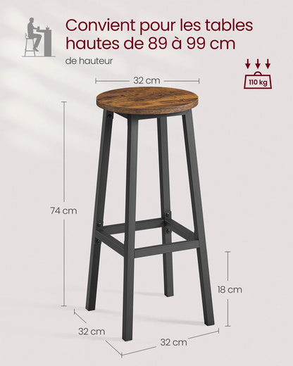 VASAGLE Bar Stools, Set of 2, Height 74 cm, Footrest, for Kitchen, Living Room, Dining Room