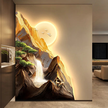 Backed by the Jinshan Luxury Vanity Wall Lamp Painting, the Living Room Features LED High-End Style Sofa and Background Wall Lam