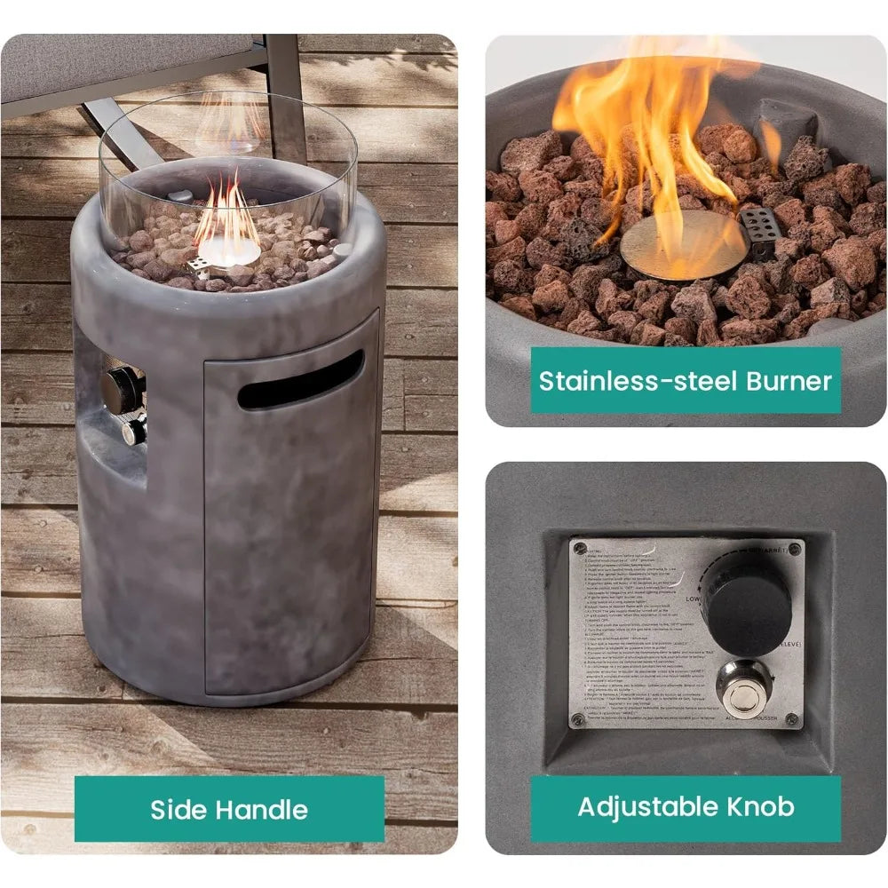 Outdoor Propane Fire Pit, Stone Like Fire Pit Table with Glass Wind Guard, Waterproof Cover, 40000BTUS Small Column Fire