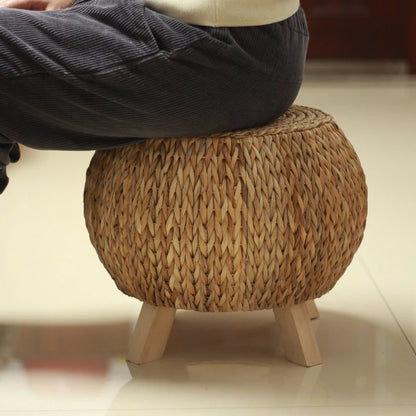 Pastoral Country Style Tea Room Grass Woven Rattan Stool Solid Wood round Seat Low Bench for Relaxed Seating Fashionable Shoe St