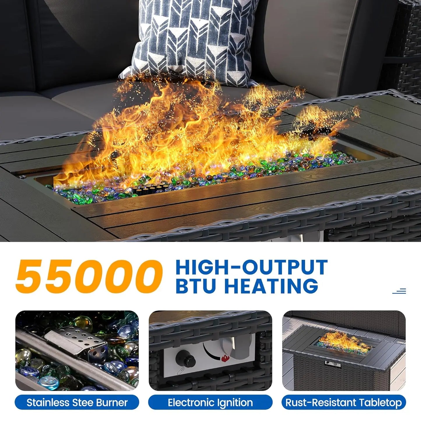 8pc Patio Set 44" Fire Pit Table All Weather Wicker Sectional Sofa Coffee Table Thickened Cushions Outdoor, Custom