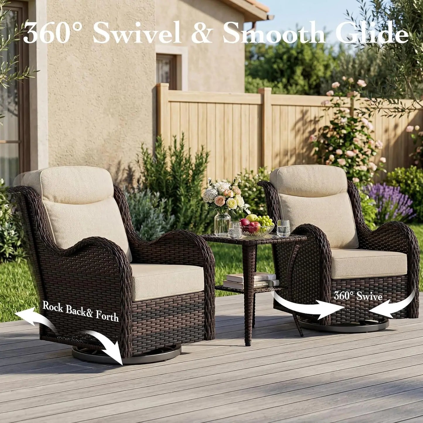 7 Pieces Outdoor Patio Furniture Set with 5" Thick Cushions, Weather-Resistant Wicker High Back Swivel Rocker, Customized