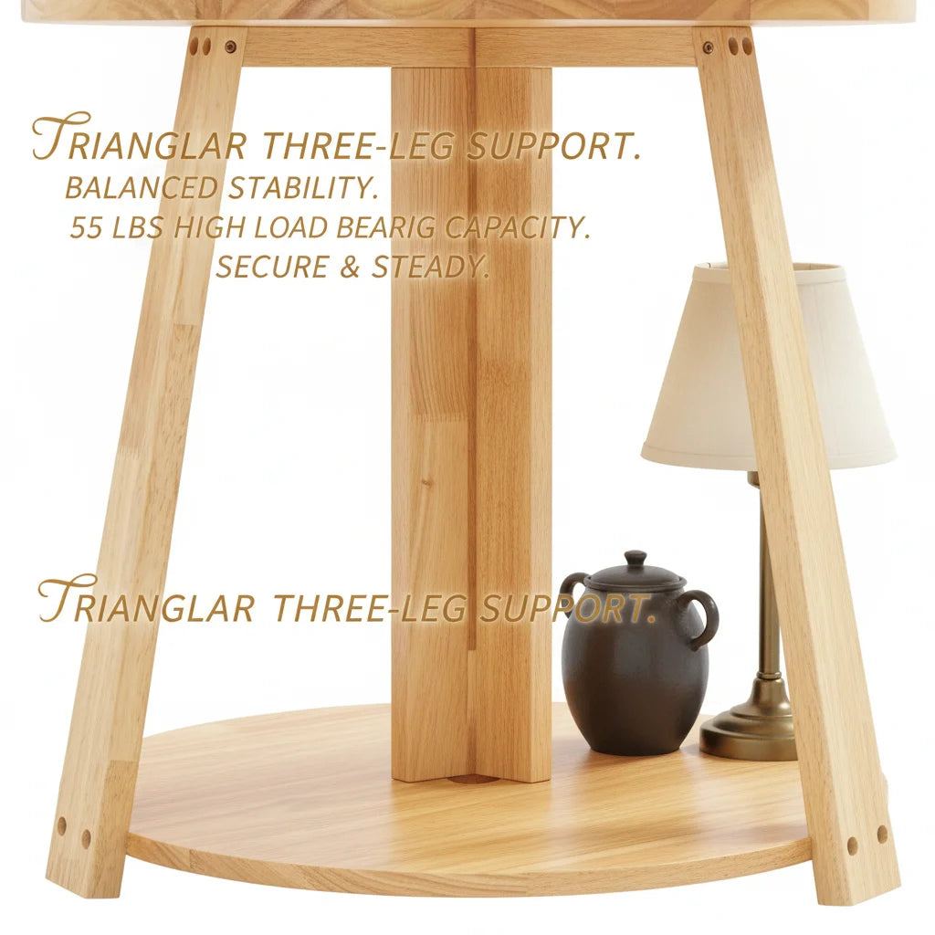 Small Round Side Table, Side Table for Small Spaces, Modern Couch End Table, 2-Tier Rubberwood Nightstand for Living Room Bedroom, 50x50x60cm, Natural Wood Color
