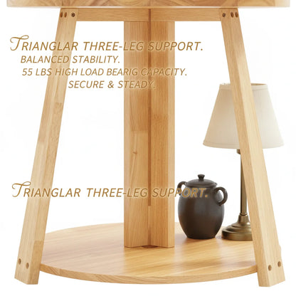 Small Round Side Table, Side Table for Small Spaces, Modern Couch End Table, 2-Tier Rubberwood Nightstand for Living Room Bedroom, 50x50x60cm, Natural Wood Color
