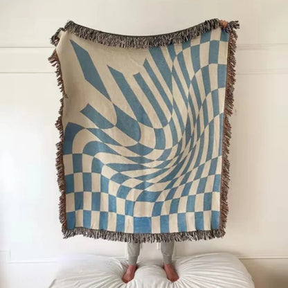 Red White Optical Illusion Throw Blanket Abstract Warped Checkerboard Swirl Jacquard Woven Tapestry Modern Op Art Decor Throw