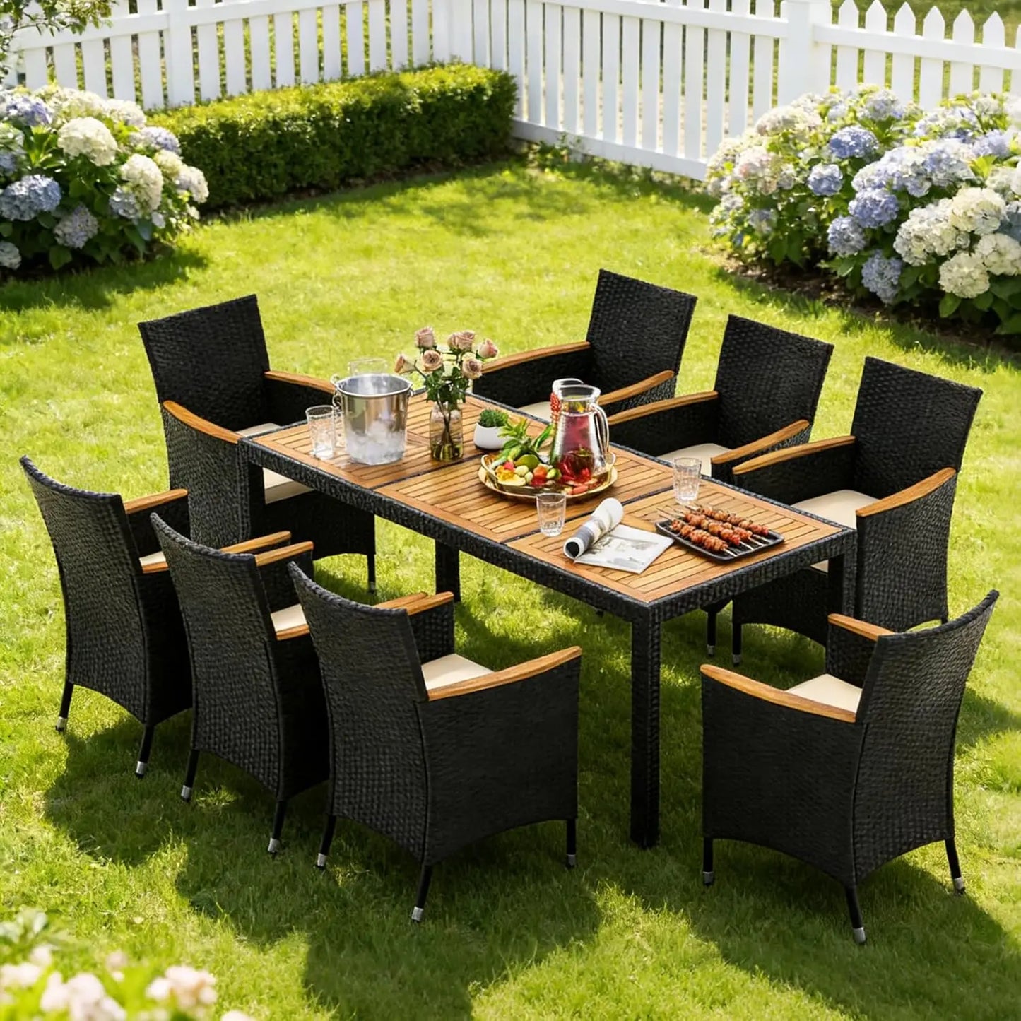 9pc Patio Dining Set Rattan Table & Chairs w/ Umbrella Hole Acacia Wood Top Backyard Balcony Poolside Navy, Custom