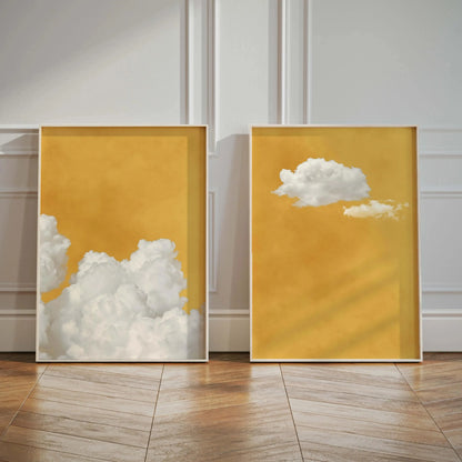 Yellow Background White Cloud Wall Art Poster Abstract Sky Art Canvas Prints Are Used for Modern Living Room Bedroom Home Decor