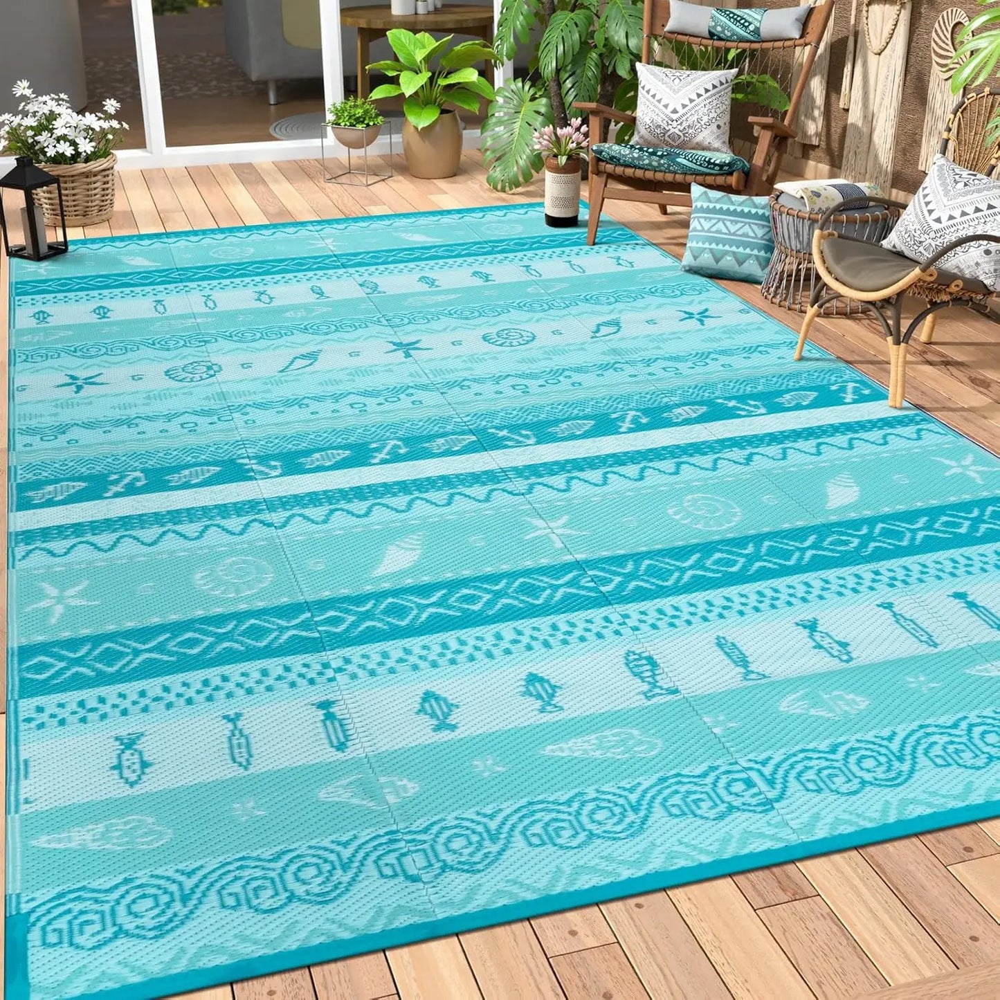 VIKAMA Outdoor Carpet Terrace Durable Machine-Washable Linen Rug Foldable Portable RV Camping Picnic Mat