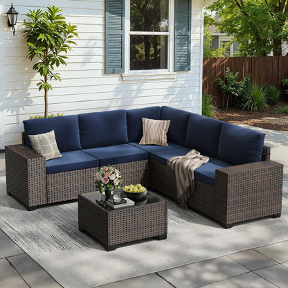 6 Pieces Patio Furniture Set with 44" Fire Pit Table, Outdoor Sectional Rattan Conversation Set for Garden, Porch, Backyard