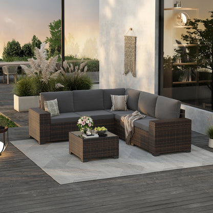 6 Pieces Patio Furniture Set with 44" Fire Pit Table, Outdoor Sectional Rattan Conversation Set for Garden, Porch, Backyard