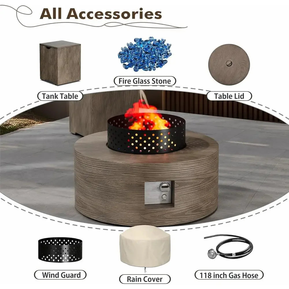 30 Round Propane Fire Pit Table with 50K BTU, Lid, Rock Tank Storage, and Cover - Outdoor Patio Gas Fire Pit with Teak Finish
