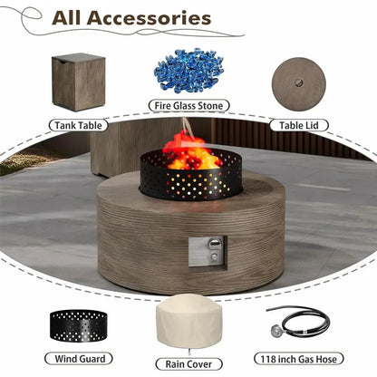 30 Round Propane Fire Pit Table with 50K BTU, Lid, Rock Tank Storage, and Cover - Outdoor Patio Gas Fire Pit with Teak Finish