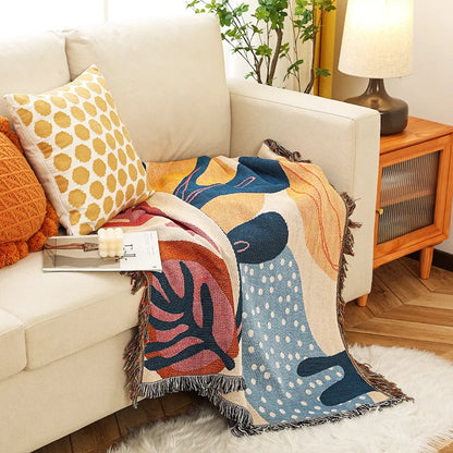 Boho Abstract Botanical Jacquard Throw Blanket Matisse Inspired Colorful Art Print Tapestry with Fringe Modern Decor Sofa Throw