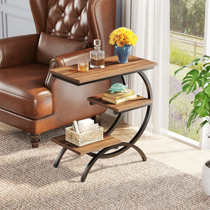 Tribesigns C-Shaped End Table, Industrial 3-Tier Small Table for Couch, Wood Bedside Table Snack Table with Storage Shelves