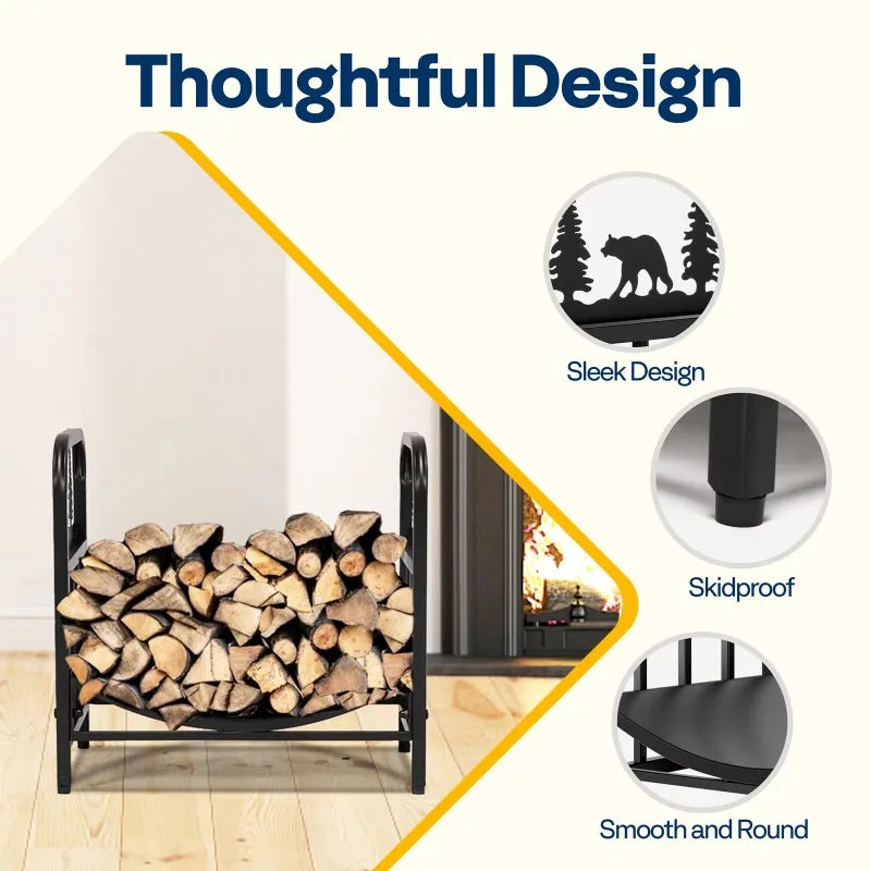 Junsu Indoor/Outdoor Wrought Iron Rectangular Decorative Firewood Rack Fireplace Log Holder and Wood Storage Rack Accessory Set