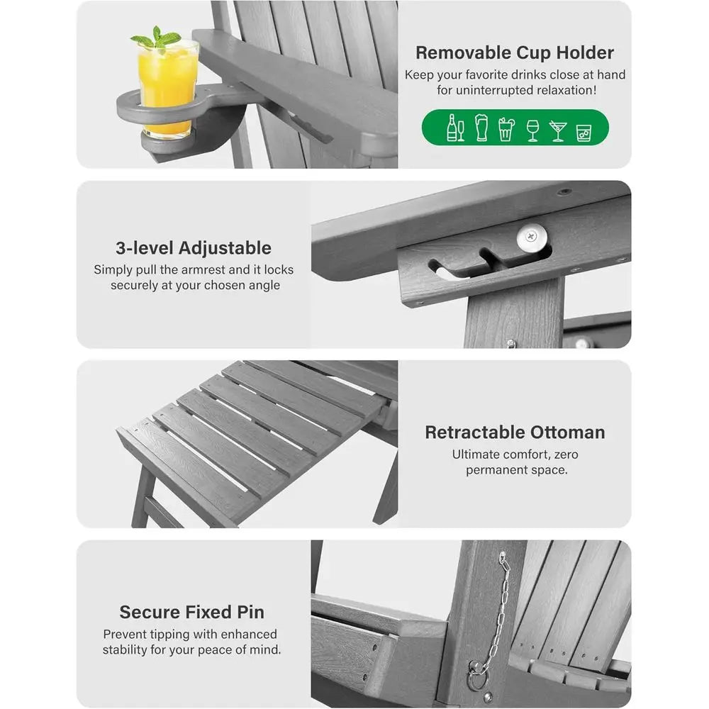 Weather-Resistant HDPE 2-Piece Adirondack Set, Adjustable Backrest, Ottoman & Cup Holder for Outdoor Patio/Porch/Fire Pit