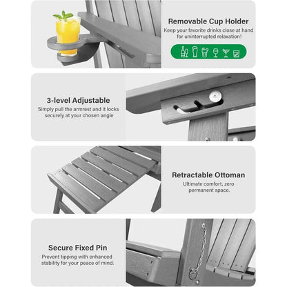 Weather-Resistant HDPE 2-Piece Adirondack Set, Adjustable Backrest, Ottoman & Cup Holder for Outdoor Patio/Porch/Fire Pit