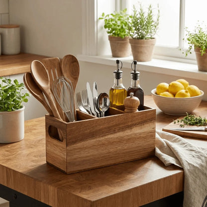 Kitchen Tools Wooden Utensil Organizer 3 Compartment Durable Storage Rack Space Saving Rustic Silverware Storage Box Countertop