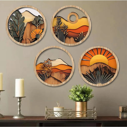 Boho Wall Art for Living Room Bohemian Wall Art 7.87Inch Round Wooden Frames Aesthetic Ornament for Porch Fireplace Balcony