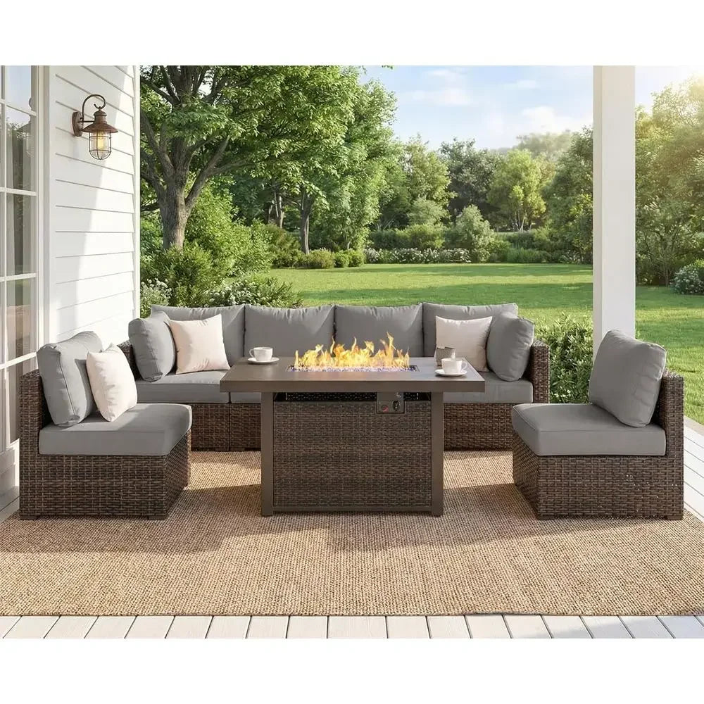 7-Piece Outdoor Sectional Sofa Set with 42 Fire Pit Table and Cushions, Grey