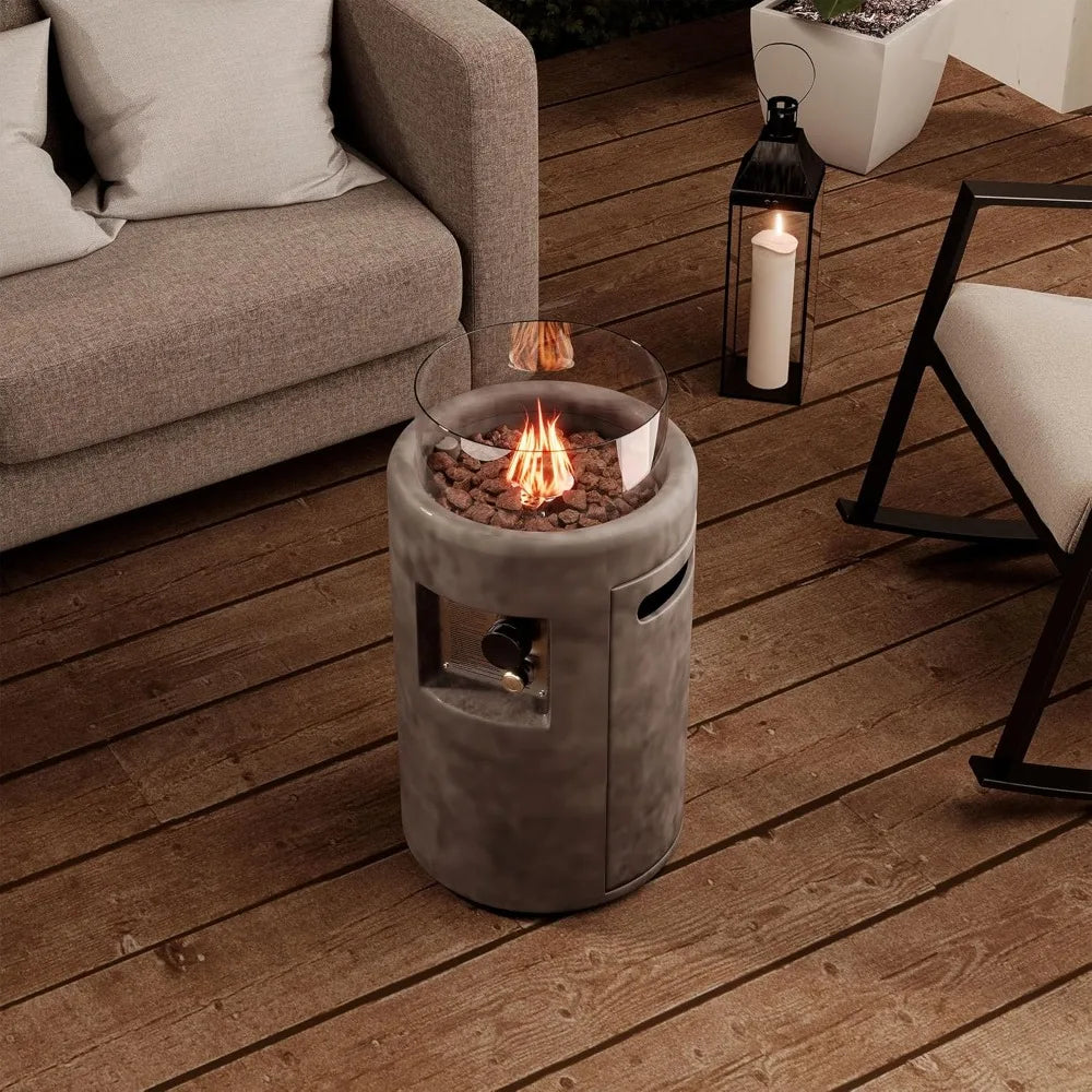 Outdoor Propane Fire Pit, Stone Like Fire Pit Table with Glass Wind Guard, Waterproof Cover, 40000BTUS Small Column Fire