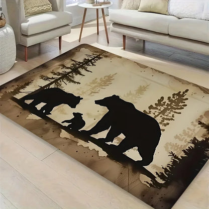 Rustic Forest Bear Family Silhouette Area Rug Cabin Farmhouse Non Slip Floor Mat