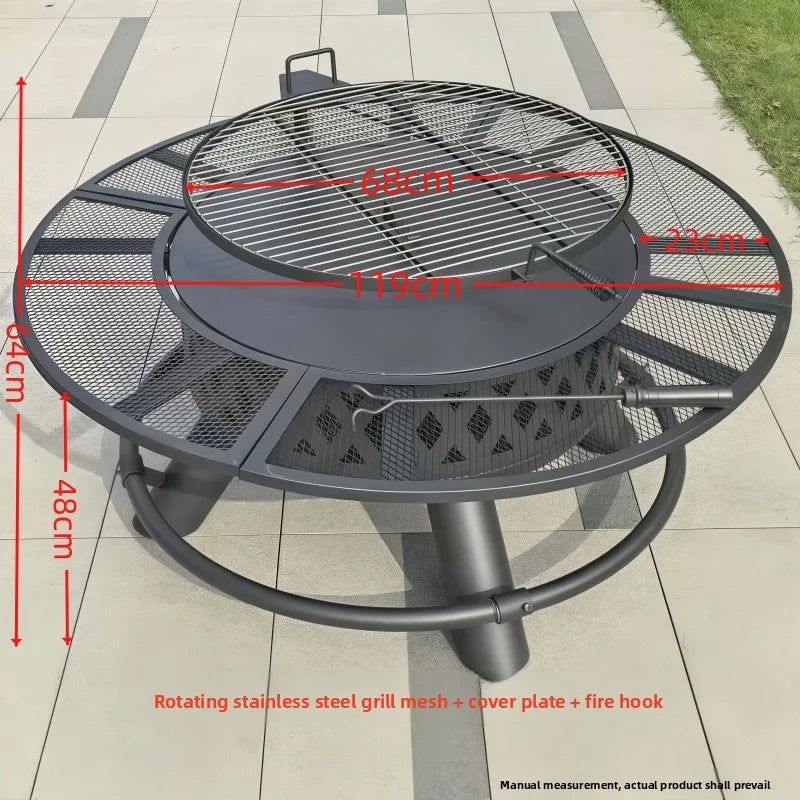 Outdoor BBQ Grill Firewood Heating Stove Patio Fire Pit Table Integrated Charcoal Braai Rack Backyard Campfire Tea Brewing Set