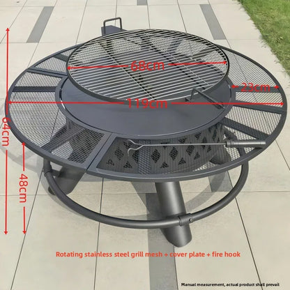 Outdoor BBQ Grill Firewood Heating Stove Patio Fire Pit Table Integrated Charcoal Braai Rack Backyard Campfire Tea Brewing Set