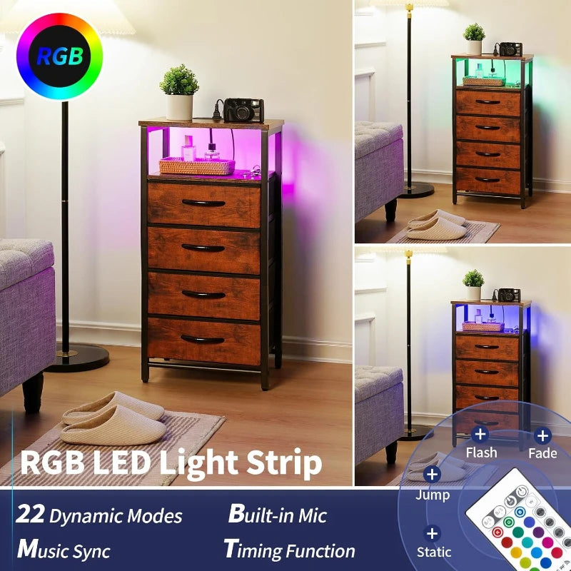 LED Rustic Nightstand with Charging Station 4 Storage Drawers and Storage Shelf End Table with USB Ports and Outlets Furniture