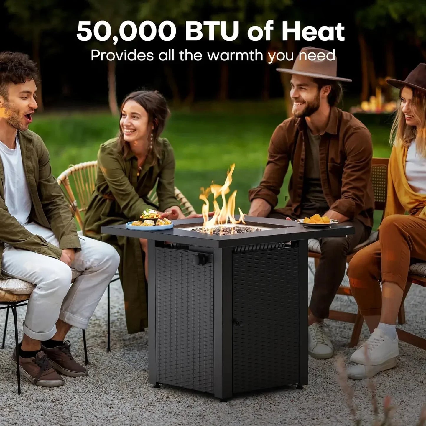 L # Wicker &Rattan Square Propane Fire Pit Table, Outdoor Dinning Gas Fire Table With Lid, Lava Stone, ETL Certification