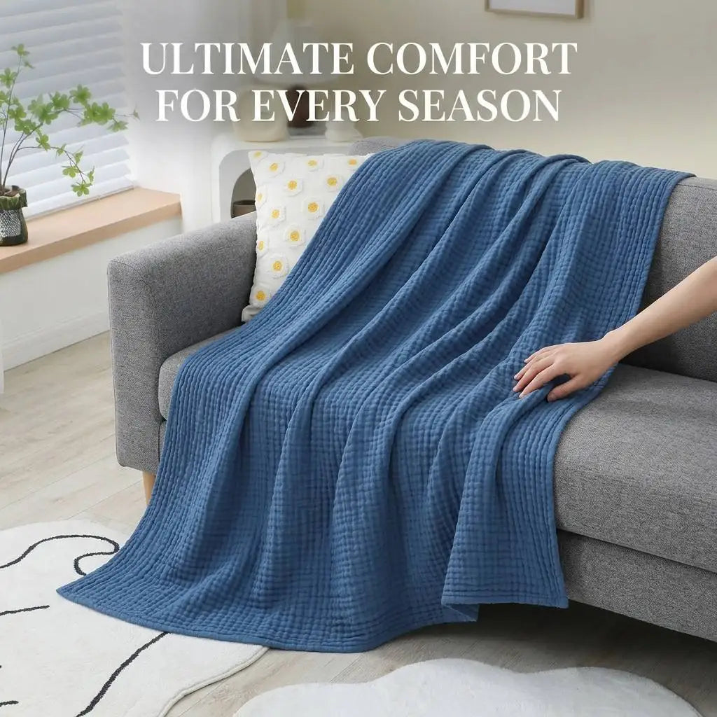 100% Cotton Muslin Blanket 6 Layers Gauze Skin-friendly Breathable Cotton Throw Blue Gauze Blanket for Adults Kids 130*150cm